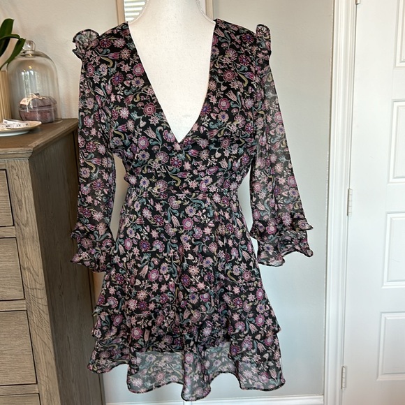 The Impeccable Pig | Black Floral Ruffled Fit & Flare Dress | Medium - Picture 3 of 16